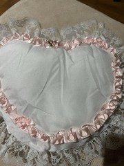 Lace Heart-Shaped Pillow. White With White Lace and Pink Trim. 9”x7”