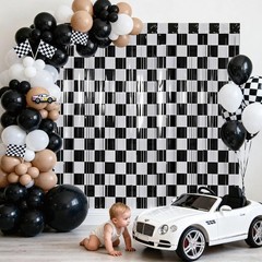 2 Pcs Race Car Curtains, Checkered Black White Foil Streamers Fringe Curtains…