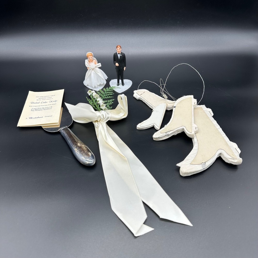 Vintage Wedding Decor 1970s Cake Topper Bride Groom Knife Server Paper Bells