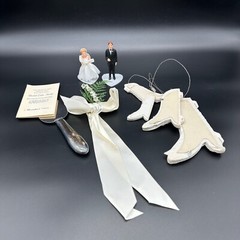 Vintage Wedding Decor 1970s Cake Topper Bride Groom Knife Server Paper Bells
