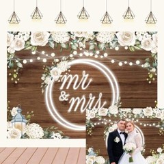 Mr and Mrs Backdrop White Rose Floral Wooden Wall Glitter Lights 7x5Ft S4