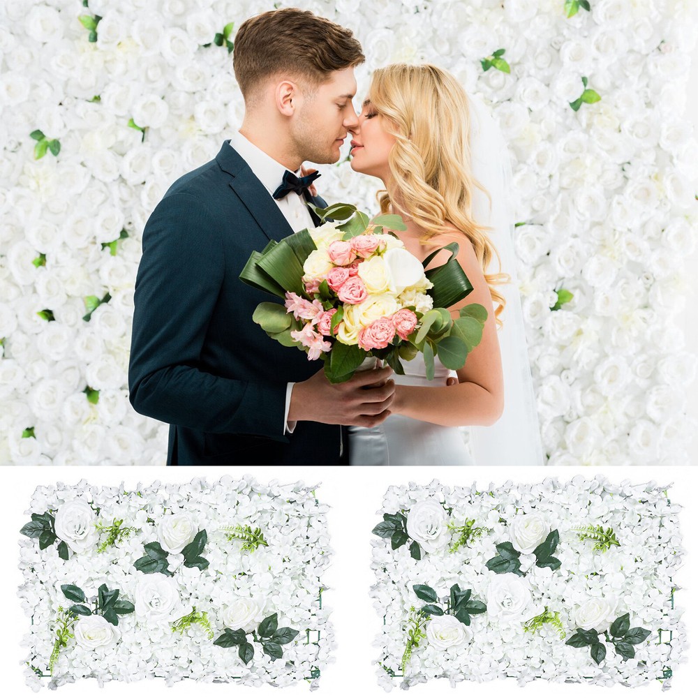 6PCS Artificial White Rose Flower Wall Backdrop Wedding Road Decor Cloth+Plastic