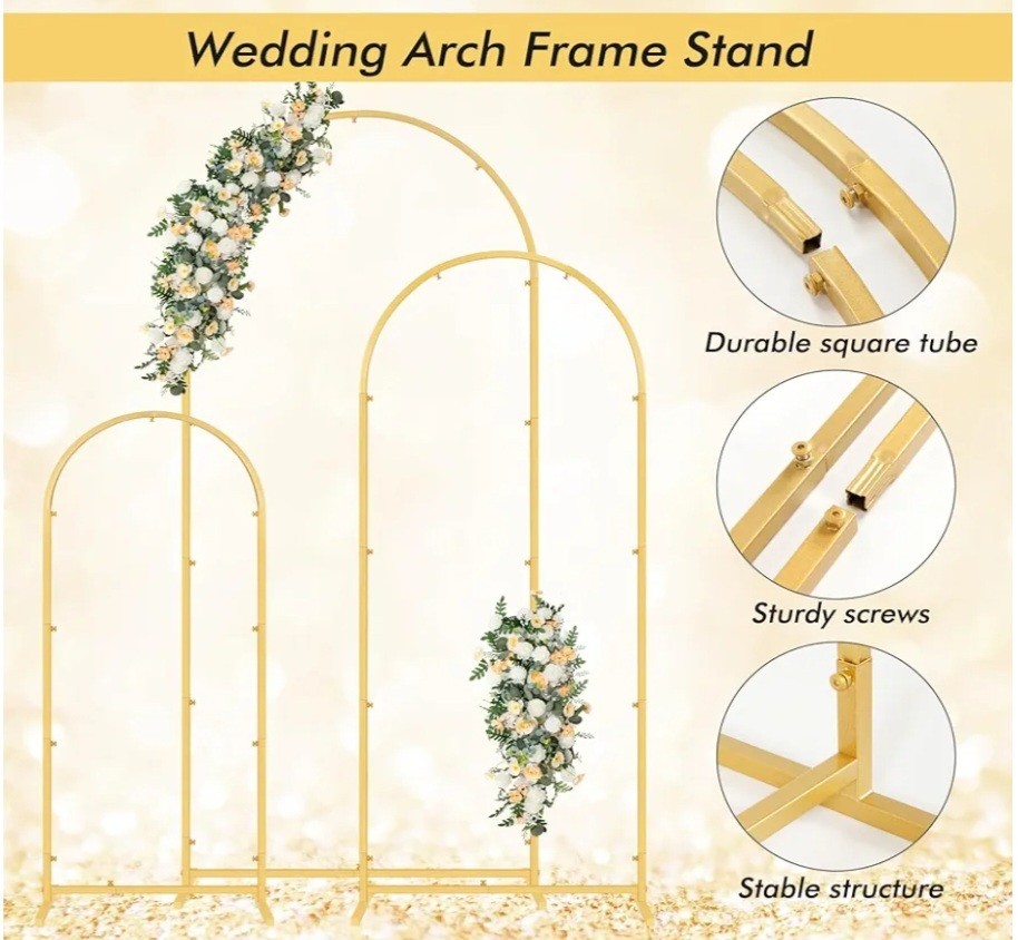 Set of 3 Metal Arch Frame Backdrop Stand Gold Wedding Arch Stand (4FT/5FT/6FT)