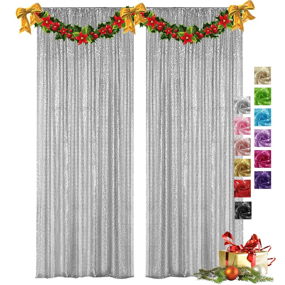 VOK Silver Sequin Backdrop Curtains 2 Panels 2FTx8FT Glitter Photography Back…