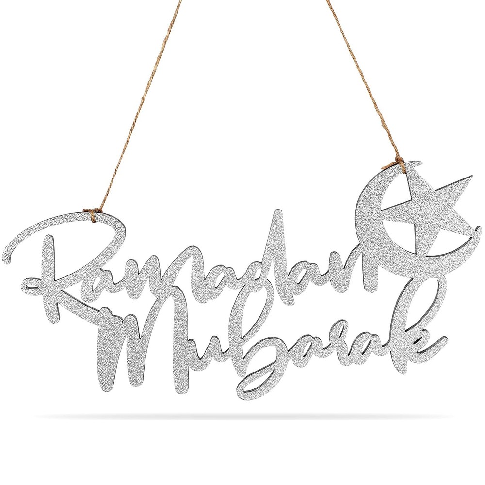 Queekay Ramadan Mubarak Hanging Sign Eid Wooden Glitter Sign Moon and Stars H…