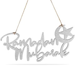 Queekay Ramadan Mubarak Hanging Sign Eid Wooden Glitter Sign Moon and Stars H…