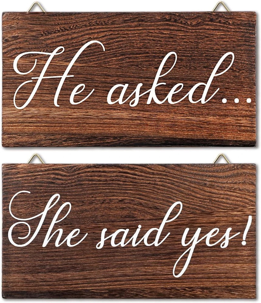 2 Pieces He Asked She Said Yes Sign Wedding Engagement Brown, White