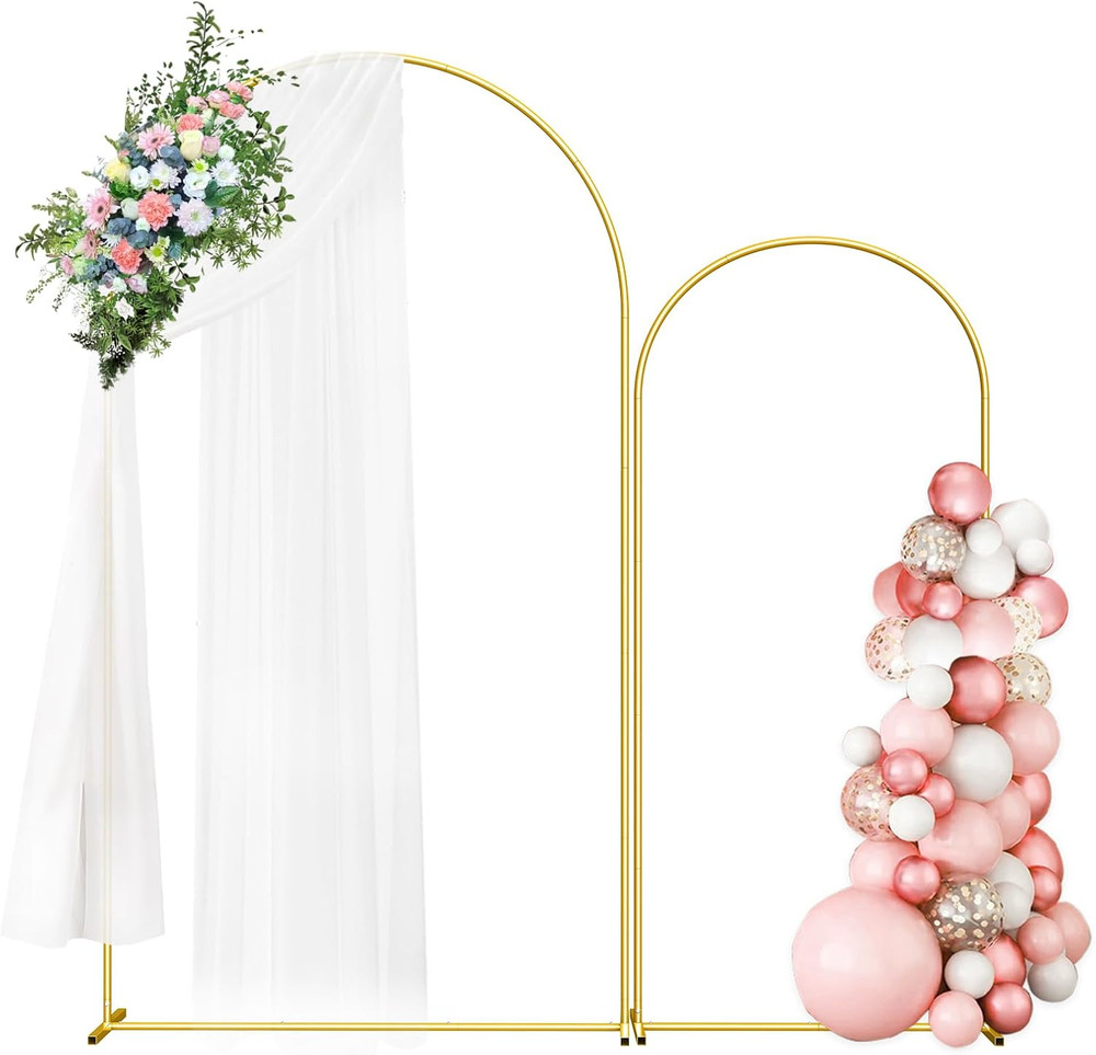 Wedding Arch Backdrop Stand Set of 2, Gold Metal, 7.3FT & 6FT | Metal Arch Back