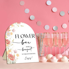 Flower Bar Wooden Sign with Stand, Pink Floral Bridal Shower Sign, Wedding Welco