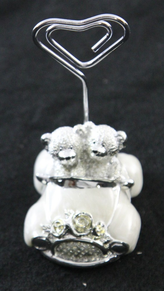 6 Wedding Table Bomboniere Name Place Card Holder Stand Silver Bears in Car