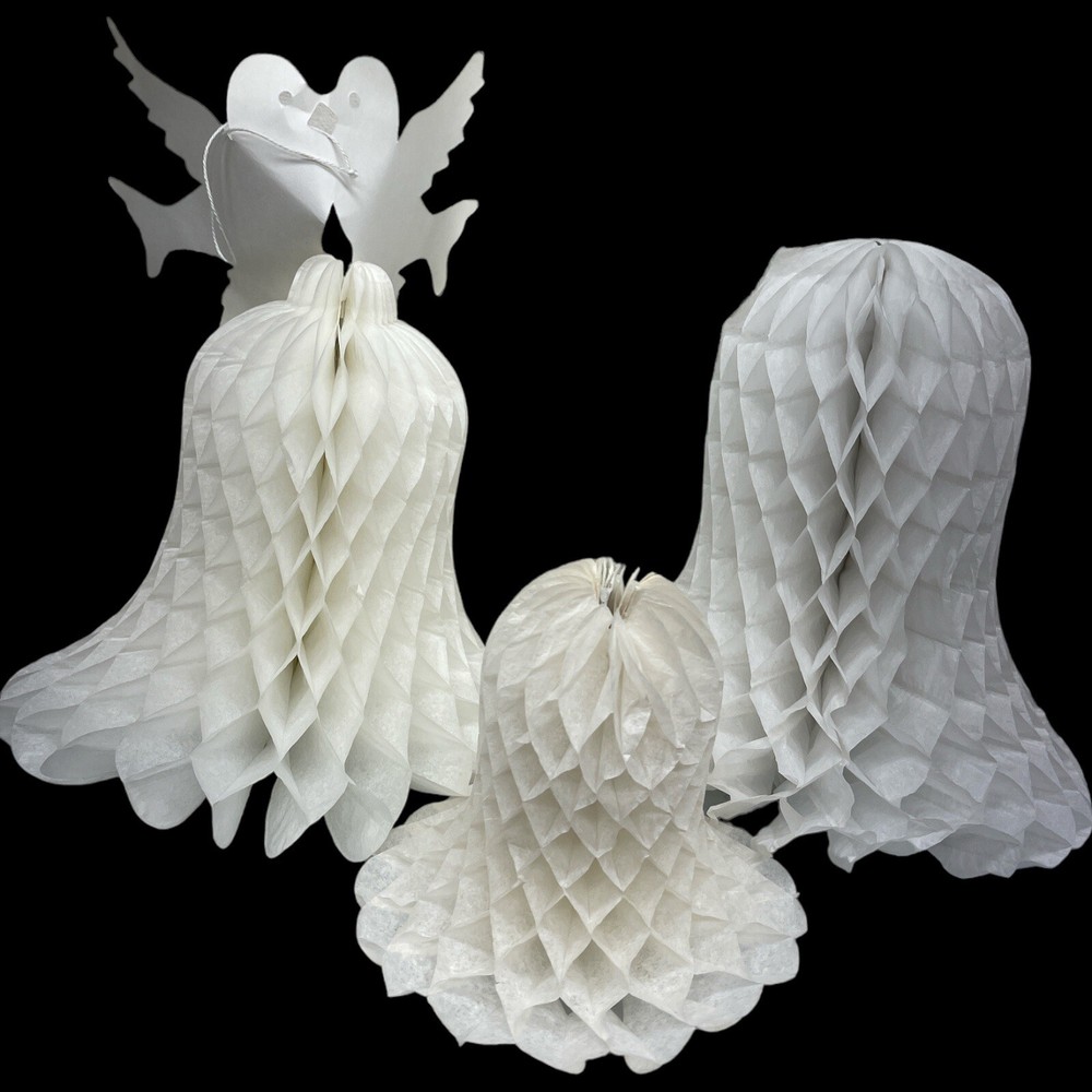Vintage Lot Of 23 White Honey Comb Tissue Paper Bells Doves Wedding Decoration