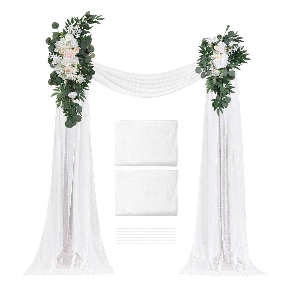 Uimoso Artificial Wedding Arch Flowers Kit White With 2 Pcs Flowers 2 Pcs Drapes