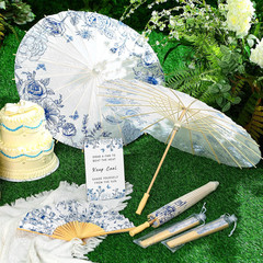 Blue Floral Wedding Favor Set: 61 Pcs with Umbrellas, Fans, Bags & Sign