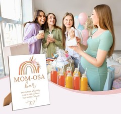 Mom-osa Bar Sign – Boho Rainbow Baby Shower Sign, 1 Pack Wooden Sign with Sta…
