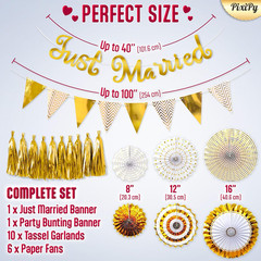 Wedding Decorations Set (Gold), Bridal Shower Decoration w/ Just Married Banner,