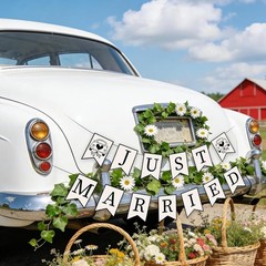 Just Married Banner Car Decoration 2Pcs Black Wedding Bunting Garland Signs