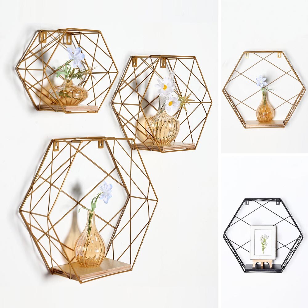 3 Hexagon Metal Wood GEOMETRIC FLOATING SHELVES Party Event Sale Supplies