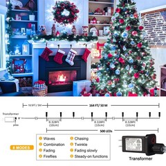 kemooie 500 LED White Christmas Lights, 164 FT 8 Lighting Modes Christmas Fai…