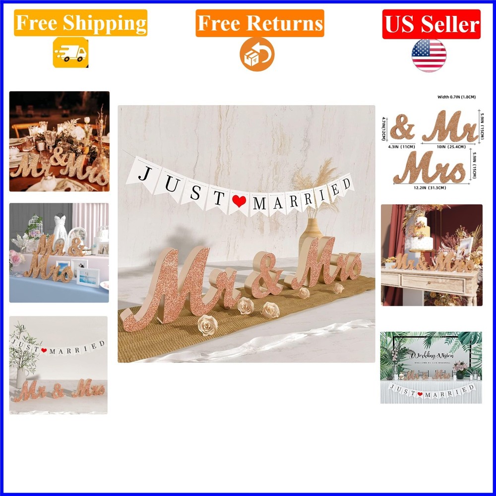 Rose Gold Wooden Mr & Mrs Signs & Just Married Banner Wedding Decorations