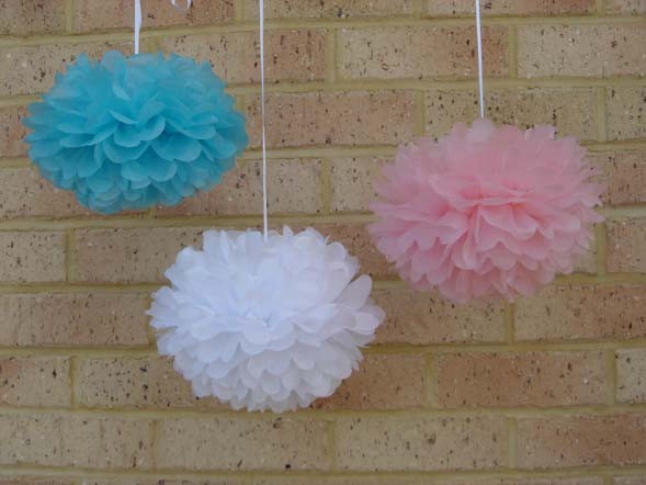 6x 30cm pink blue white paper pom poms boy or girl baby shower venue Decorations