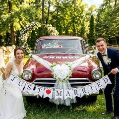 Just Married Car Decorations Set – White Wedding Car Ribbon & Flower Kit with