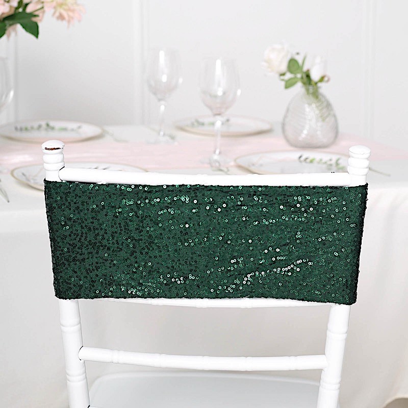 10 Hunter Green Spandex Sequined CHAIR SASHES Ties Wraps Wedding Decorations