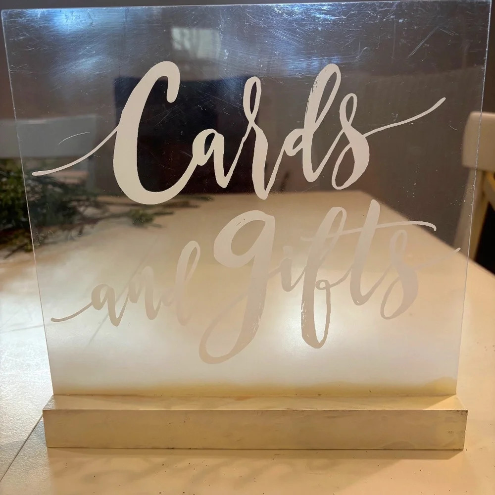 Gifts and Cards Clear Acrylic Wedding Sign – White Script