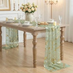 Marble Pattern Gauze Table Runner 10FT, Glitter Metallic 28″ x 120″ Sage Green
