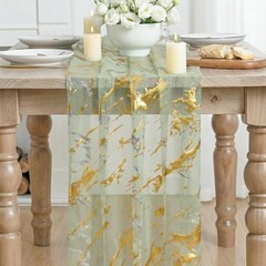 Marble Pattern Gauze Table Runner 10FT, Glitter Metallic 28″ x 120″ Sage Green