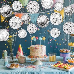 54 Pieces Disco Party Decorations Sliver Disco Ball Hanging Swirls 70s Ceilin…
