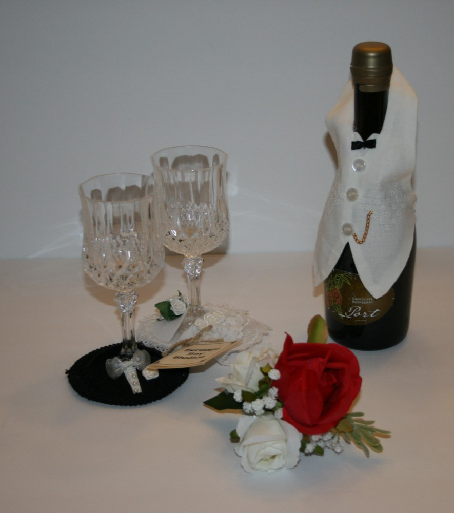 Bride & Groom Wine Champagne Bottle Tux Cover & Coaster Set Wedding Reception