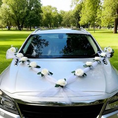 Wedding Car Decorations Kit – Floral Garland & Satin Bows, Elegant Wedding Car D
