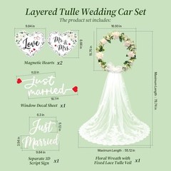 Just Married Car Decorations Set – White Floral Wreath with Long Tulle, Static