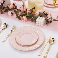 YOUBET 125Piece Pink Plastic Plates with Gold Rim – Scalloped Plastic Plat