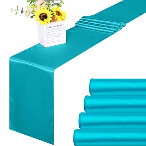 4 Pack Satin Table Runner 12 x 108 Inch Long Bright Silk and Smooth Teal