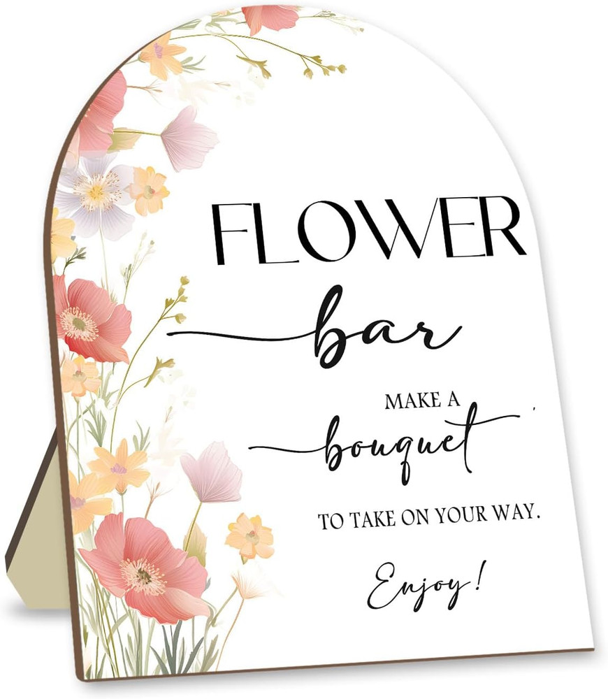 Flower Bar Wooden Sign with Stand, Pink Floral Bridal Shower Sign, Wedding Welco