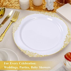 Goodluck 100PCS White and Gold Plastic Plates – 10.25” Heavy Duty Di