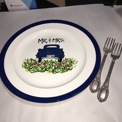 Farmhouse Mr and Mrs Wedding Gift Plate and Silverware (Fork and Spoon).