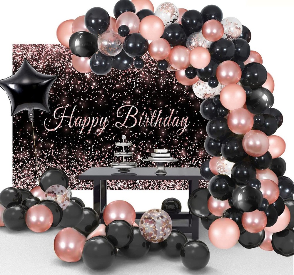 103Pcs Rose Gold Black Birthday Decorations, Black Rose Gold Birthday Balloon…