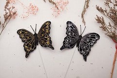 12PC 4″ Black Feather Butterfly w Gold or Silver Glitter DIY Wedding Cake Topper