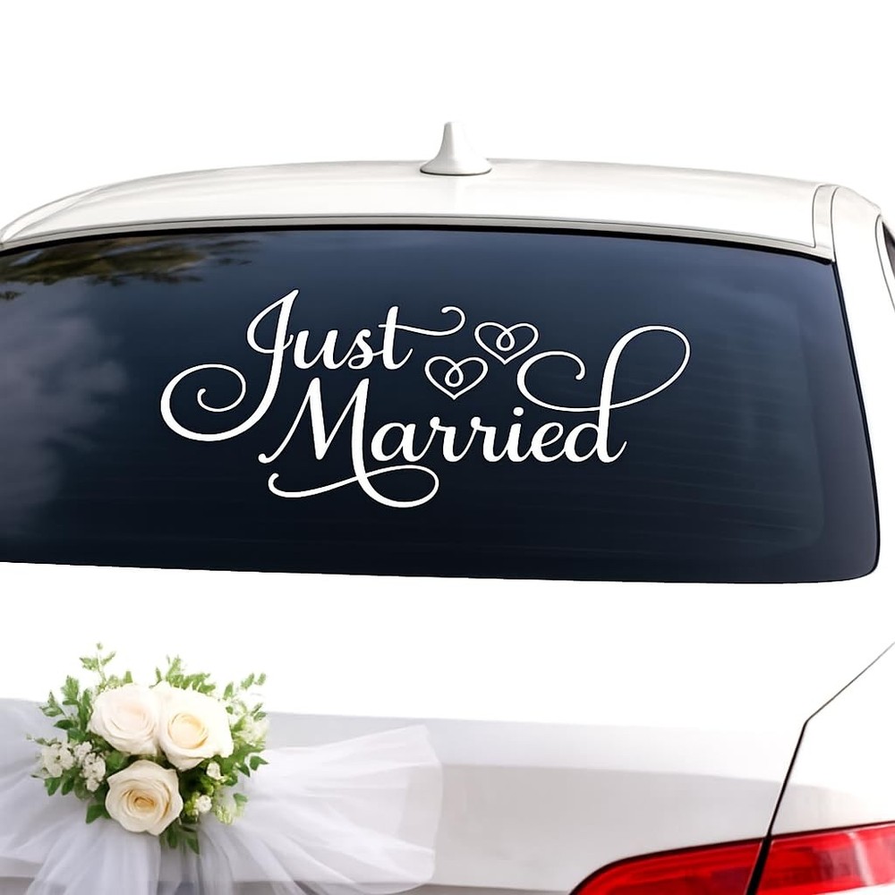 Just Married Car Decal, Wedding Day Decor, 24″ W x 12″ H, White