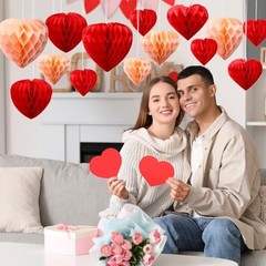30 Pcs Heart Honeycomb Party Decorations Red Blush Pink Tissue Red,Blush Pink