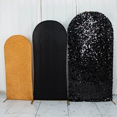 3 BLACK GOLD Assorted Fitted Round Top Arch Backdrop STAND COVERS Set Party