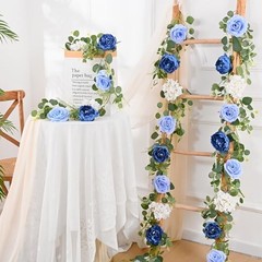 2Pcs 12 Ft Artificial Flower Garland Fake Rose Peony Floral Garland 2 Pcs Blue