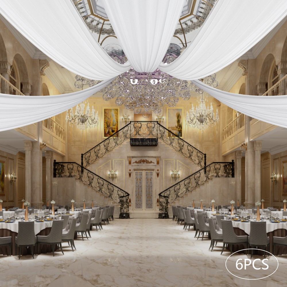 High-Quality White Chiffon Ceiling Drapes, 6 Panels (5*30 Feet Each), Perfect