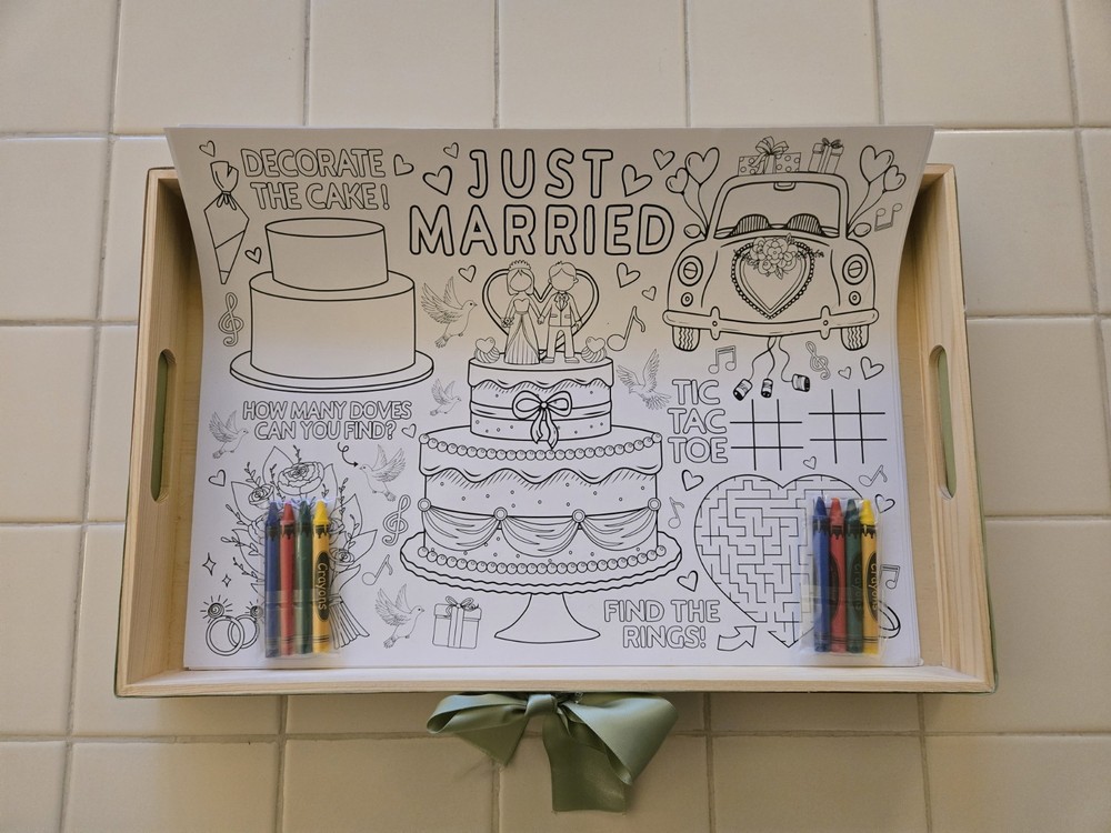 Wooden Tray with Wedding Coloring Sheets & Crayons