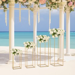 4 Piece Flower Stand Set Gold Metal Rectangular For Wedding Party Table Decor