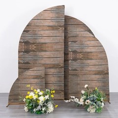 4 Brown Fitted Spandex Wood Print Half Moon Arch Backdrop STAND COVERS Set Party