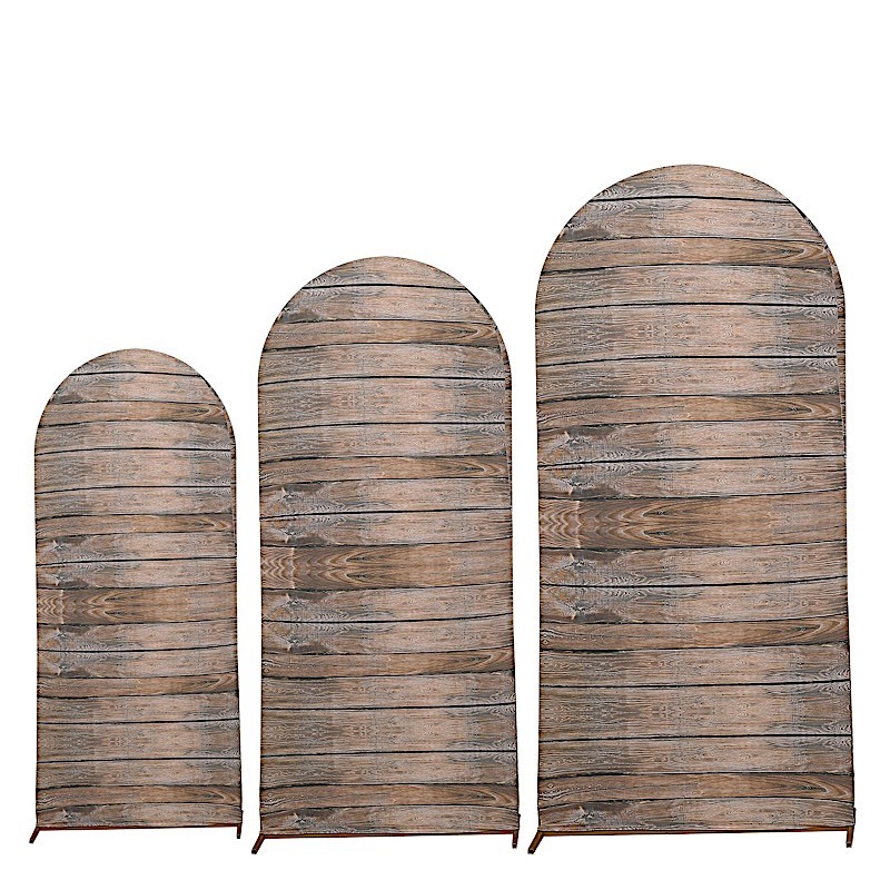 3 Brown Fitted Spandex Round Top Backdrop Stand Covers Set Wooden Design Party