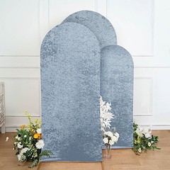 3 DUSTY BLUE Crushed Velvet Round Top Wedding Arch Backdrop STAND COVERS Set